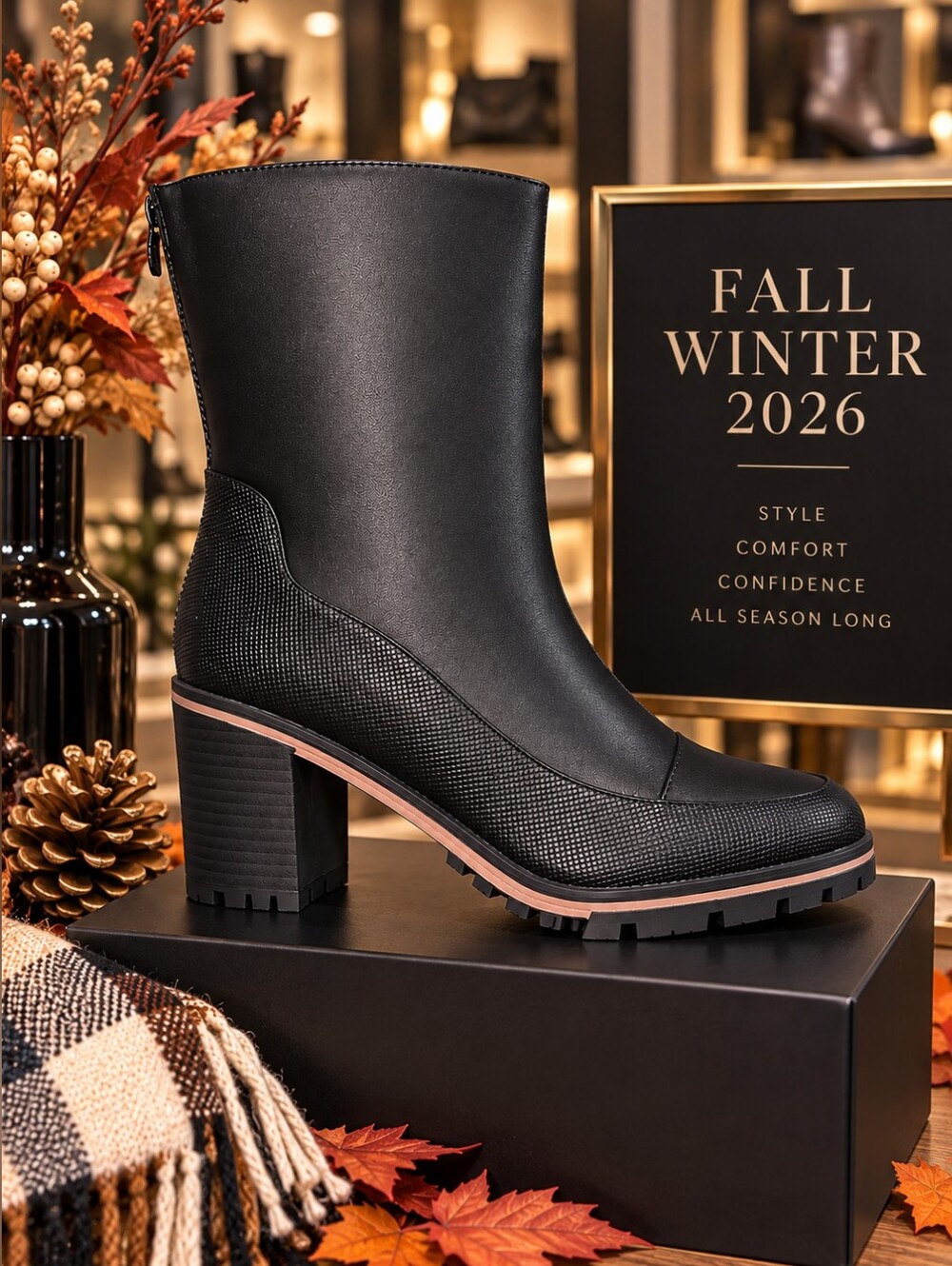 Black Water-Resistant Lug Sole Heeled Boots – New in Box